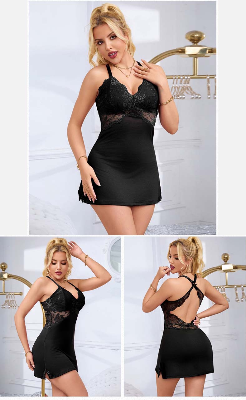 Lace Trim Side-Slit Nightgown Sleep Dress for Women