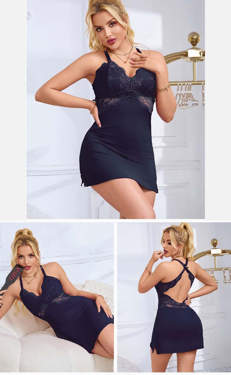 Lace Trim Side-Slit Nightgown Sleep Dress for Women