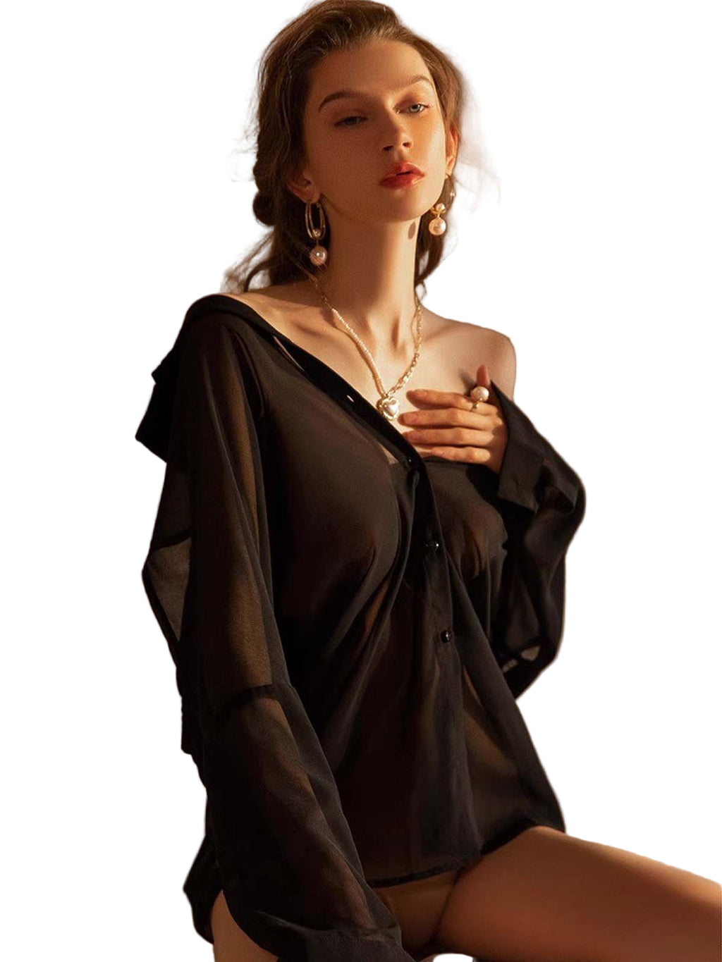 Women’s Sexy Sheer Mesh Lingerie Shirt – See-Through Top