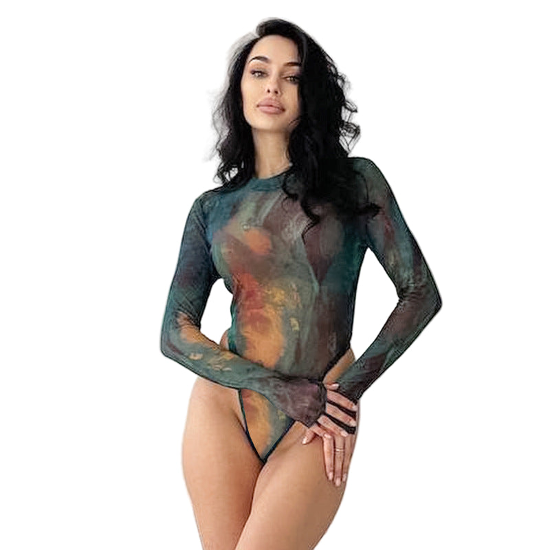Tie-Dye Mesh Transparent Bodysuit Lingerie for Women