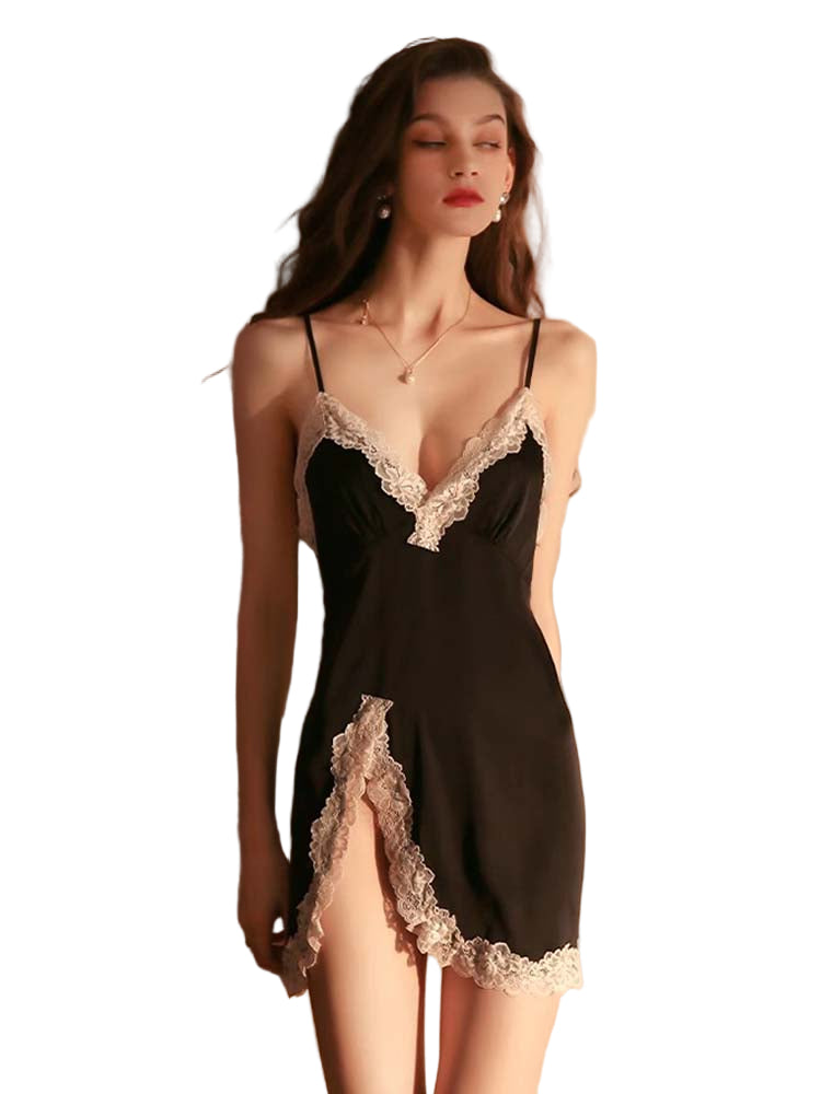Women’s Sexy Satin Lace V-Neck Cami Nightdress Set