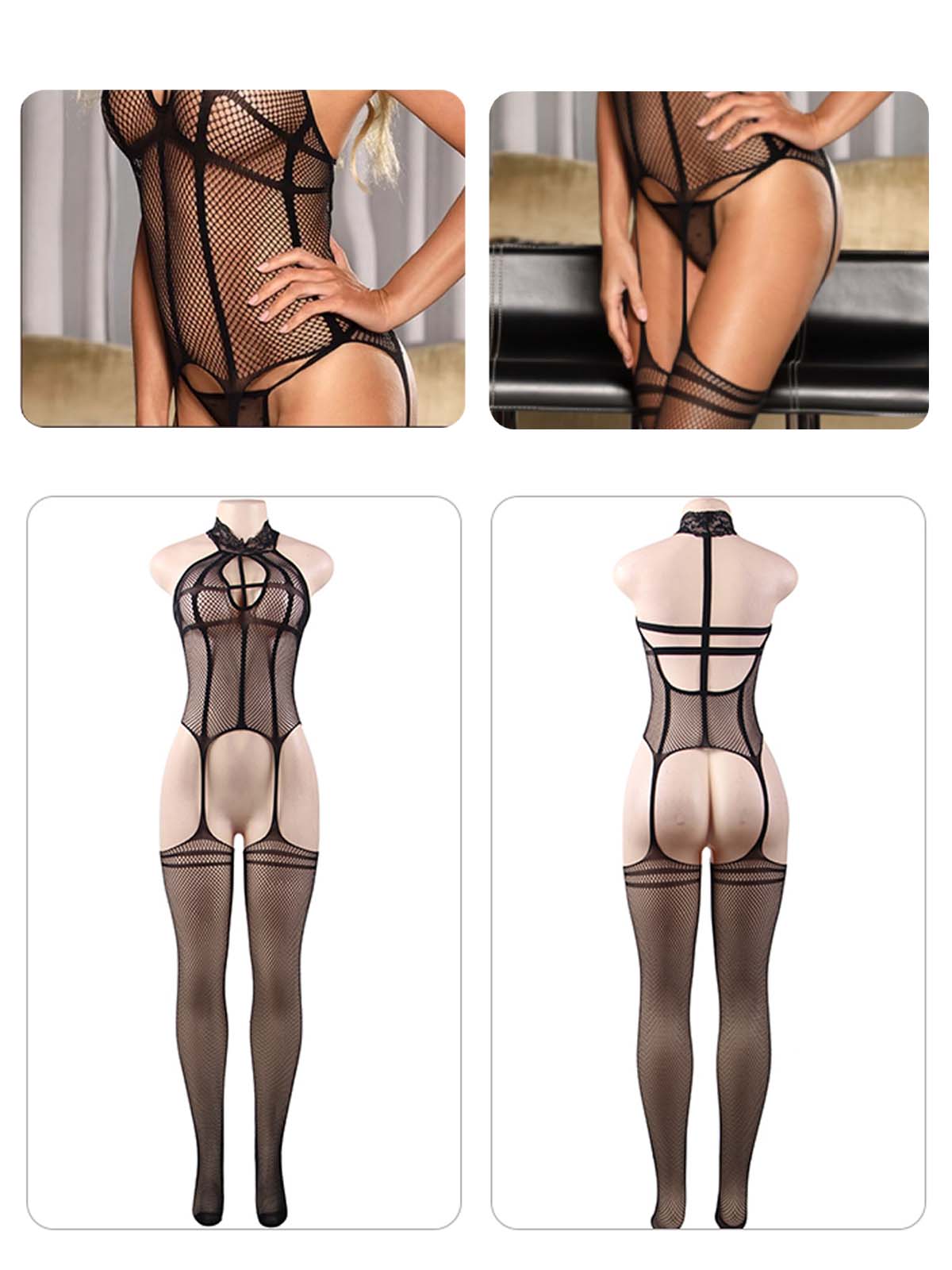 Black Mesh Sheer Lace Bodystocking Bodysuit