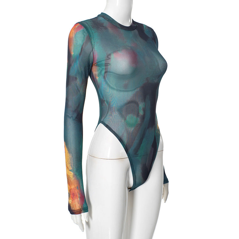 Tie-Dye Mesh Transparent Bodysuit Lingerie for Women