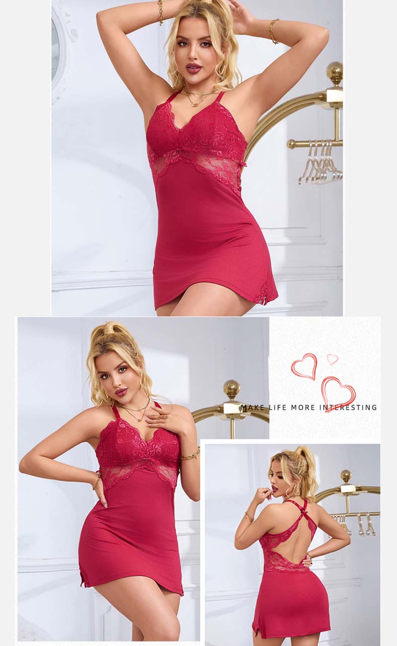 Lace Trim Side-Slit Nightgown Sleep Dress for Women