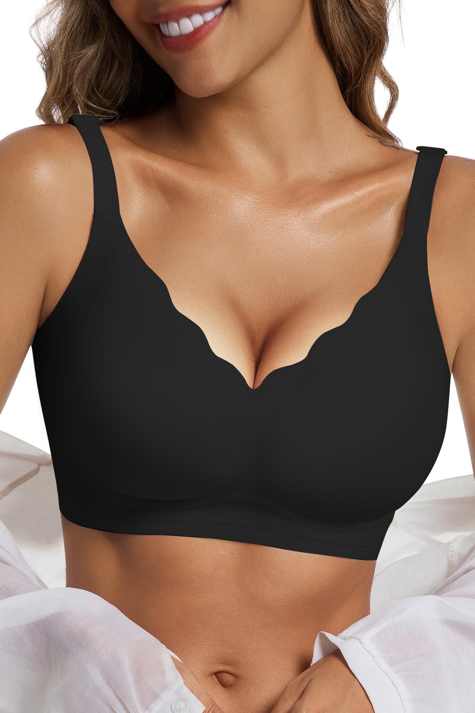 Basic Natural Latex Seamless Deep V Scalloped Neck Cooling Bra