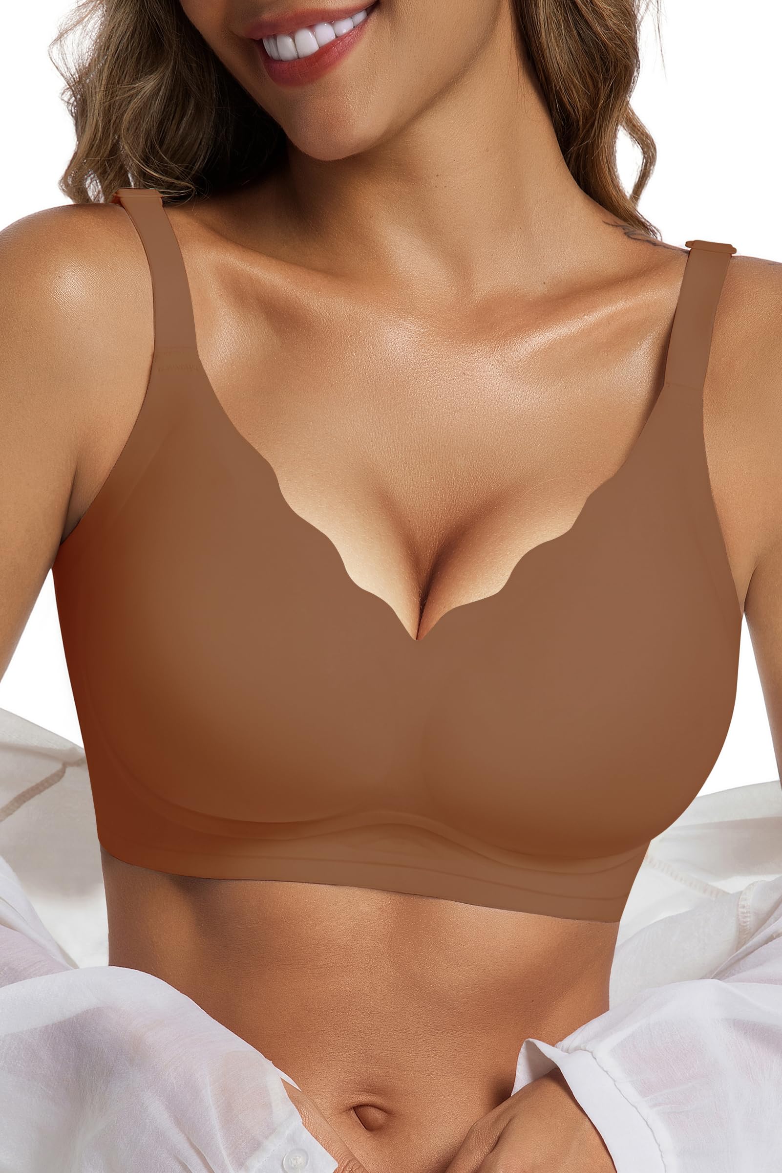Basic Natural Latex Seamless Deep V Scalloped Neck Cooling Bra