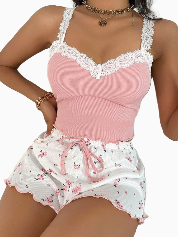 Floral Ribbed Lace Cami Short PJ Set