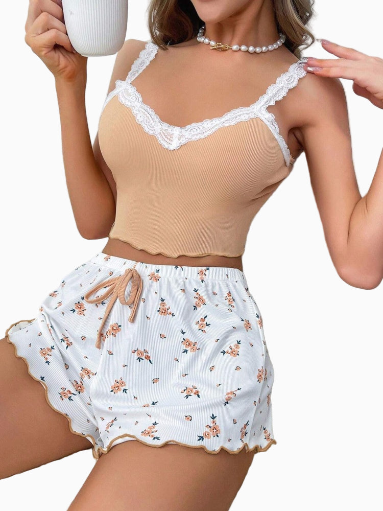 Floral Ribbed Lace Cami Short PJ Set