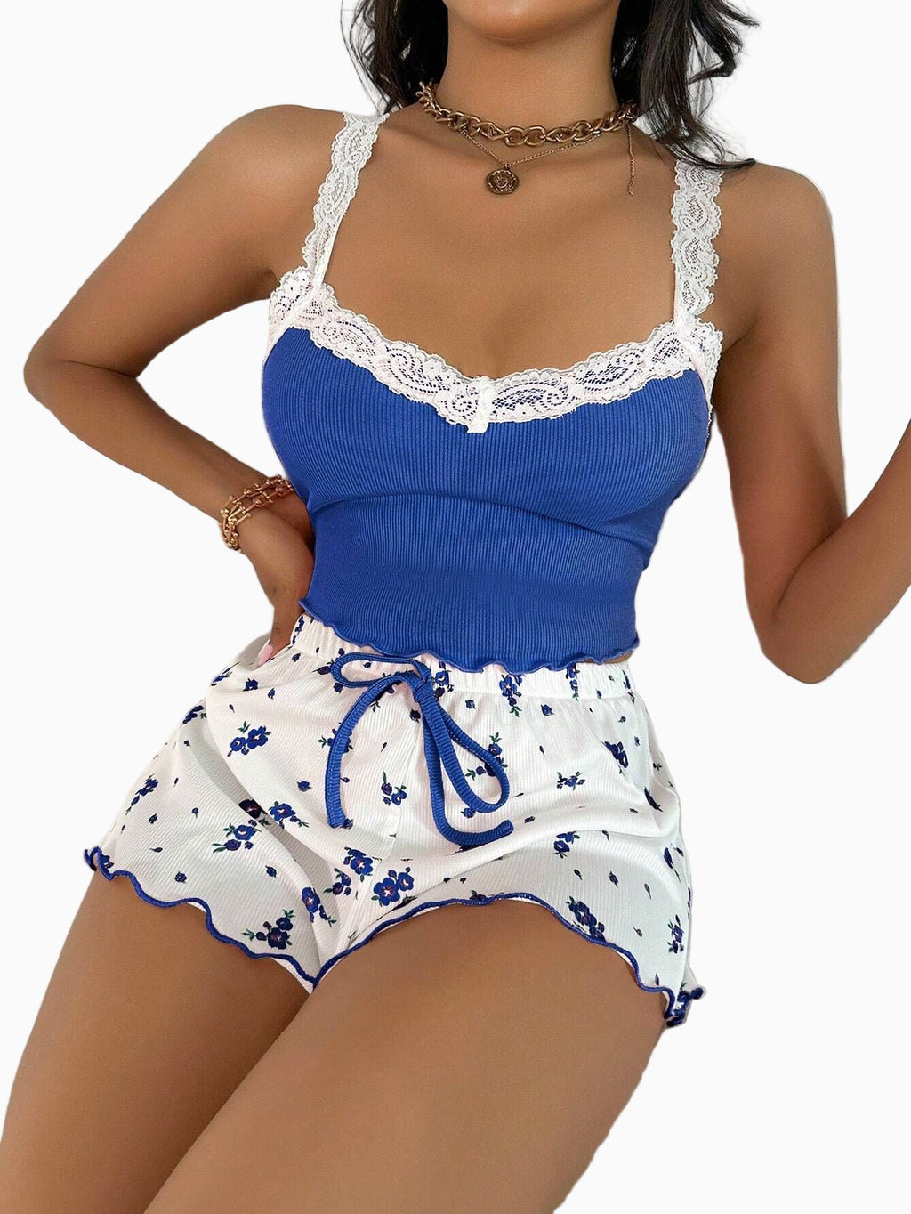 Floral Ribbed Lace Cami Short PJ Set