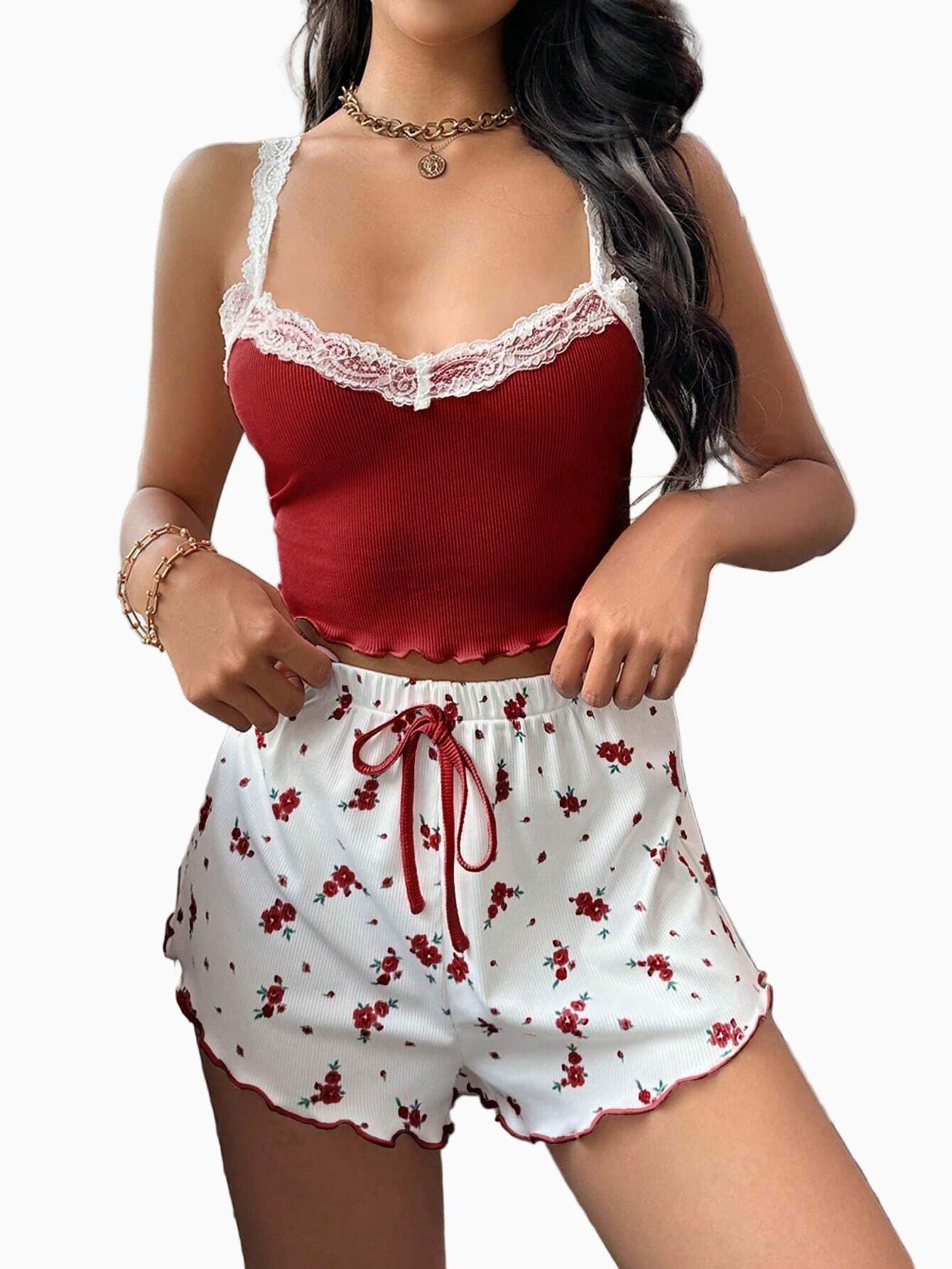 Floral Ribbed Lace Cami Short PJ Set