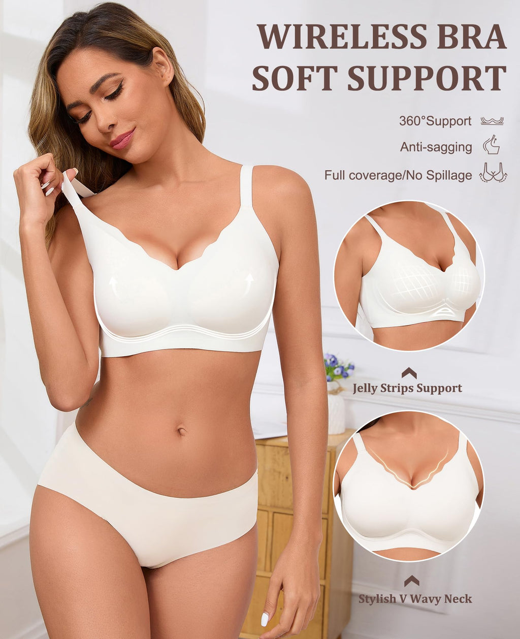 Basic Natural Latex Seamless Deep V Scalloped Neck Cooling Bra